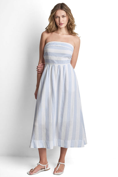 LINEN-BLEND STRAPLESS STRIPE DRESS Broadway Stripe Frost Blue | DKNY