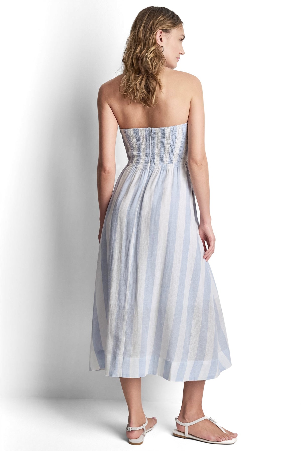 LINEN-BLEND STRAPLESS STRIPE DRESS Broadway Stripe Frost Blue | DKNY