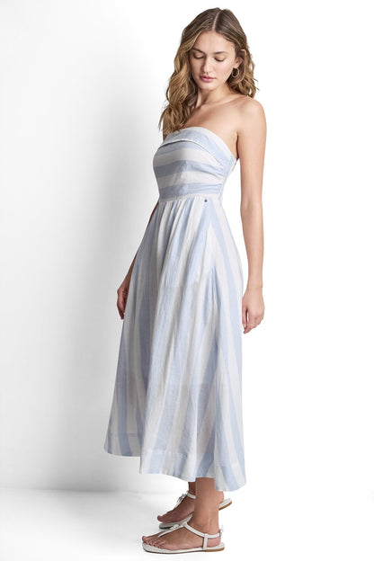LINEN-BLEND STRAPLESS STRIPE DRESS Broadway Stripe Frost Blue | DKNY
