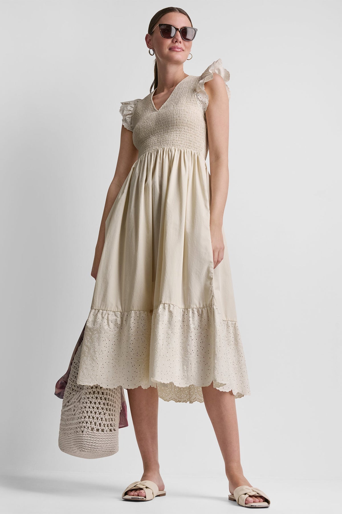 COTTON FLUTTER SLEEVE V-NECK MIDI FIT & FLARE DRESS Light City Khaki | DKNY
