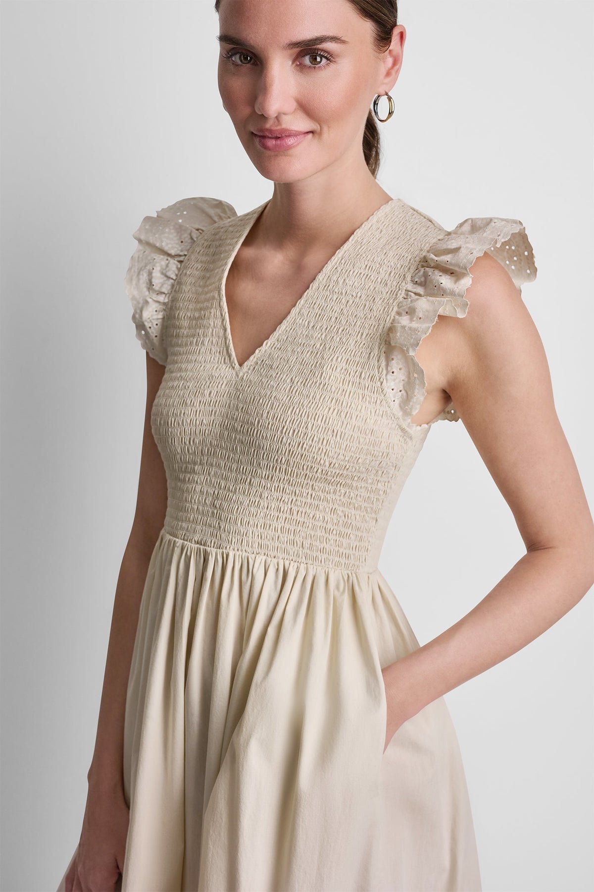 COTTON FLUTTER SLEEVE V-NECK MIDI FIT & FLARE DRESS Light City Khaki | DKNY