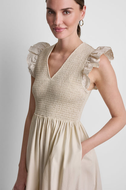 COTTON FLUTTER SLEEVE V-NECK MIDI FIT & FLARE DRESS Light City Khaki | DKNY