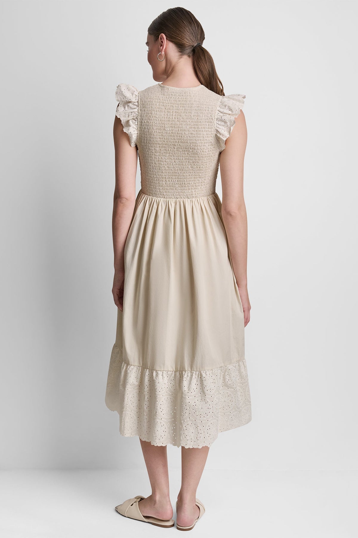 COTTON FLUTTER SLEEVE V-NECK MIDI FIT & FLARE DRESS Light City Khaki | DKNY