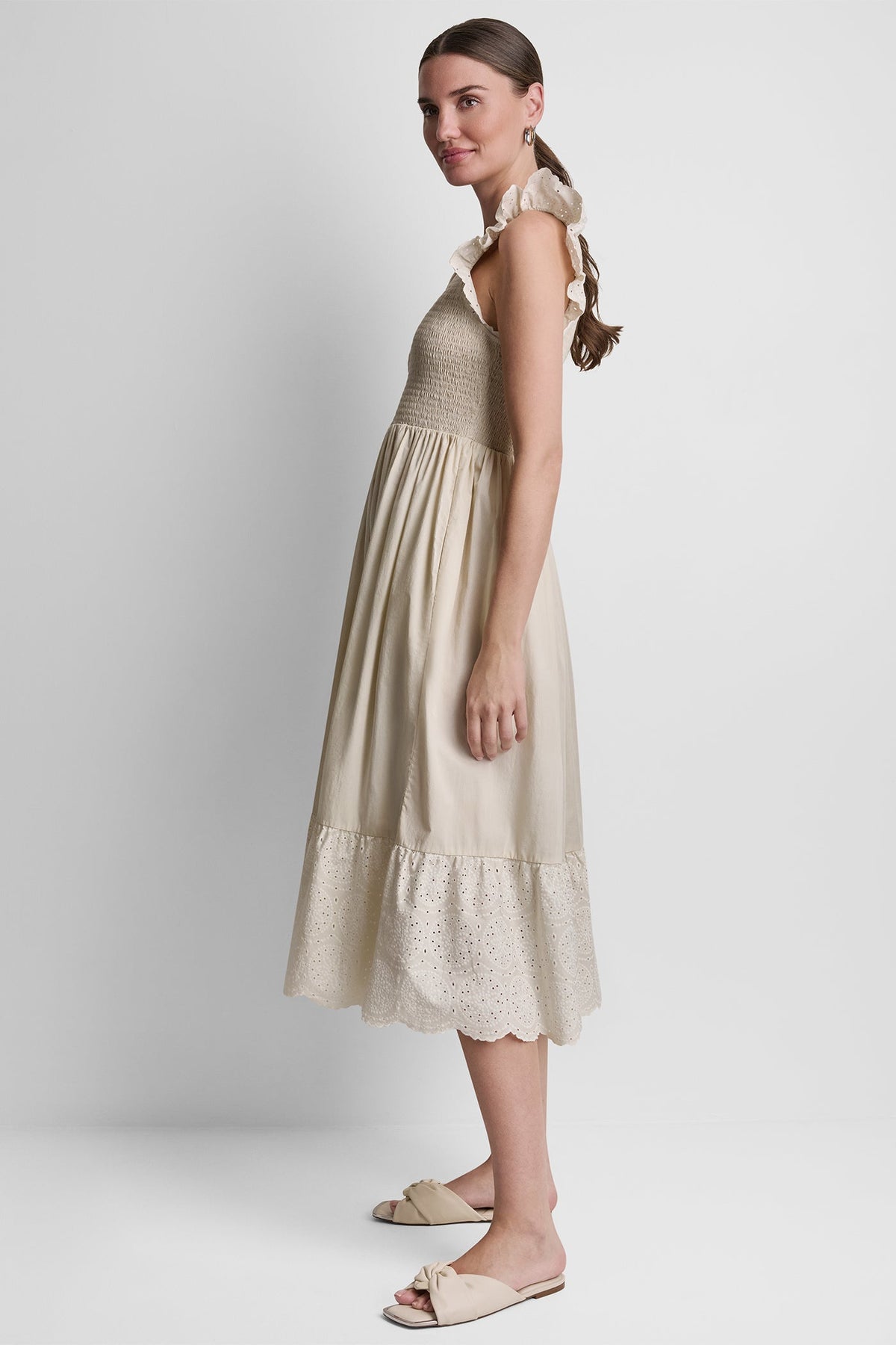 COTTON FLUTTER SLEEVE V-NECK MIDI FIT & FLARE DRESS Light City Khaki | DKNY