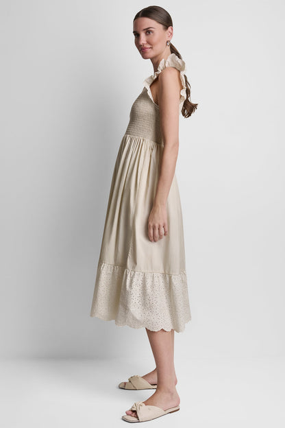 COTTON FLUTTER SLEEVE V-NECK MIDI FIT & FLARE DRESS Light City Khaki | DKNY