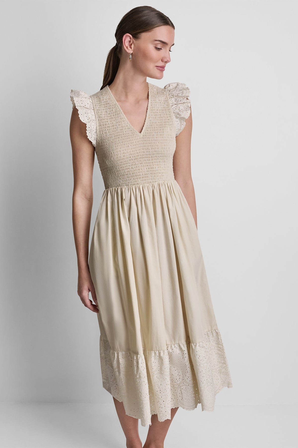 COTTON FLUTTER SLEEVE V-NECK MIDI FIT & FLARE DRESS Light City Khaki | DKNY
