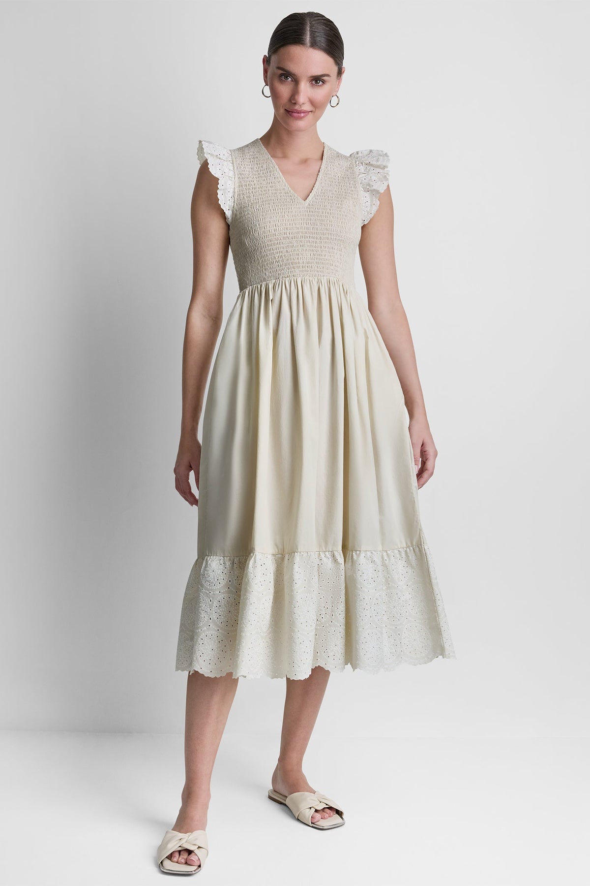 COTTON FLUTTER SLEEVE V-NECK MIDI FIT & FLARE DRESS Light City Khaki | DKNY