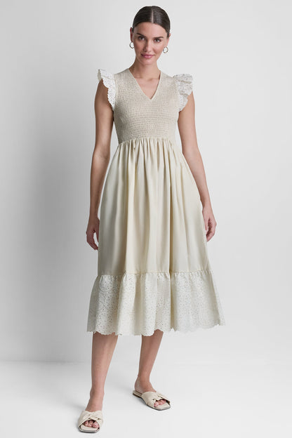 COTTON FLUTTER SLEEVE V-NECK MIDI FIT & FLARE DRESS Light City Khaki | DKNY
