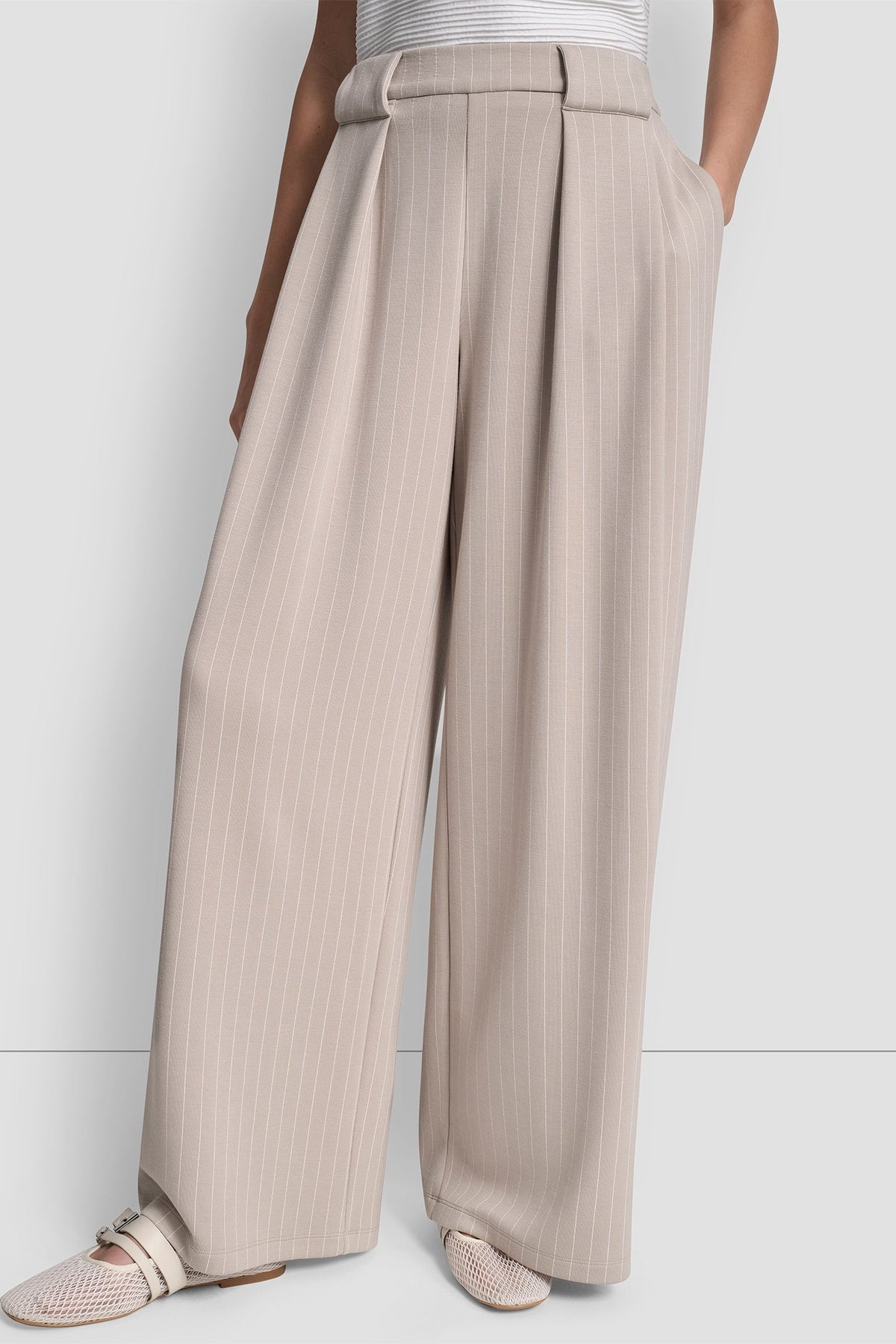 PINSTRIPED PLEATED STRAIGHT-LEG PULL-ON PANT Pebble Pinstripe | DKNY
