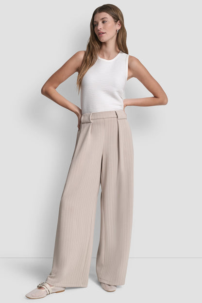 PINSTRIPED PLEATED STRAIGHT-LEG PULL-ON PANT Pebble Pinstripe | DKNY