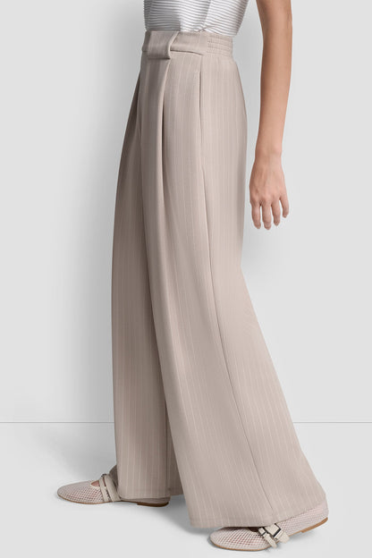 PINSTRIPED PLEATED STRAIGHT-LEG PULL-ON PANT Black | DKNY