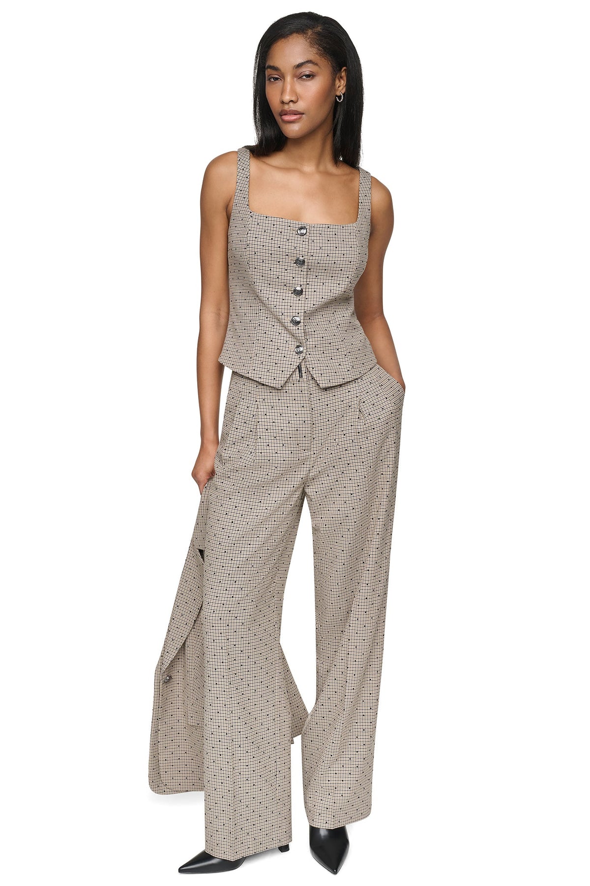 HOUNDSTOOTH CHECKERED HIGH-RISE PANT Travertine/Black | DKNY