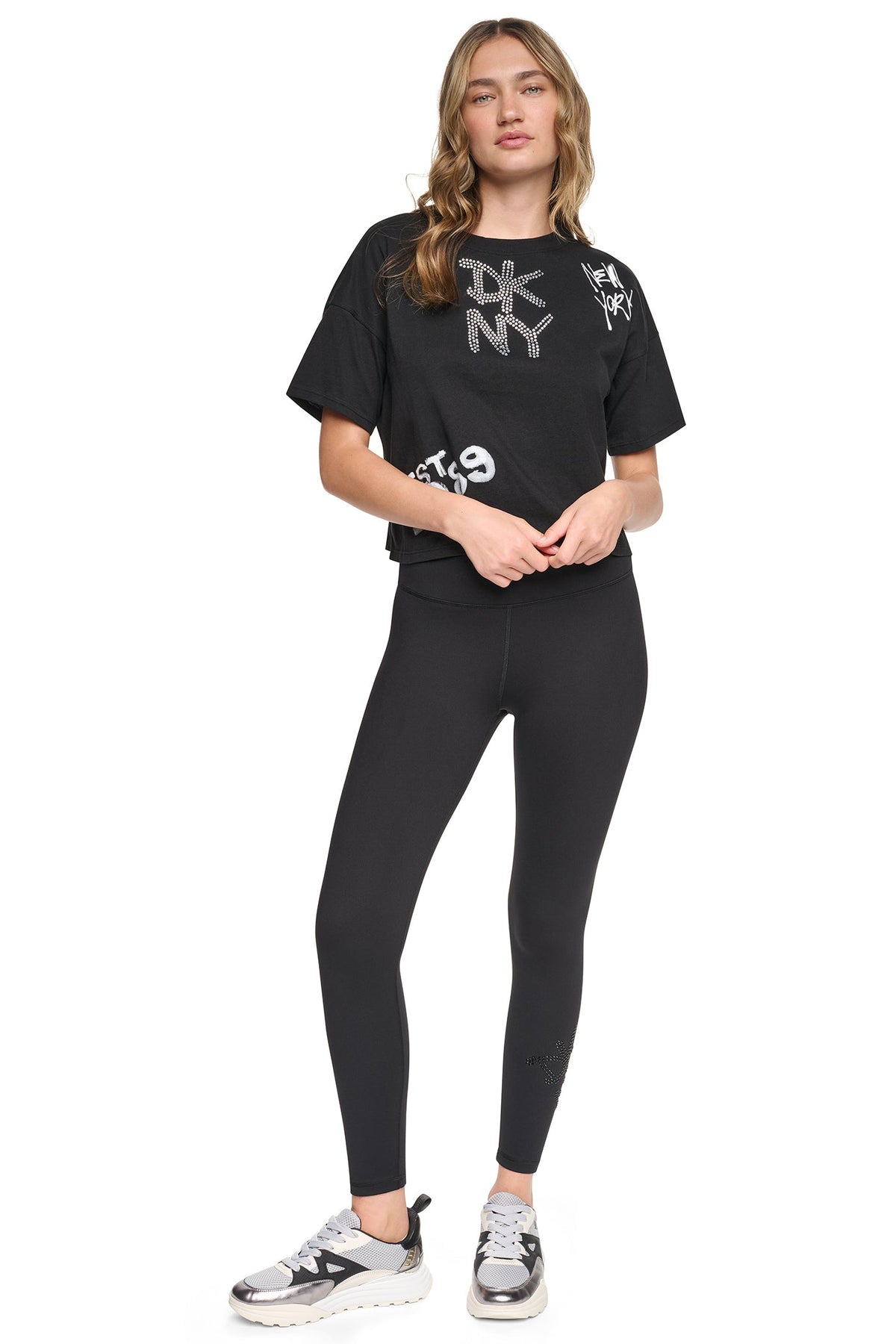 HIGH-RISE GRAFFITI LOGO 7/8 LENGTH LEGGING Black/Black | DKNY