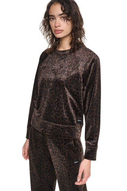 VELOUR ANIMAL PRINT PULLOVER Espresso Leopard Print | DKNY