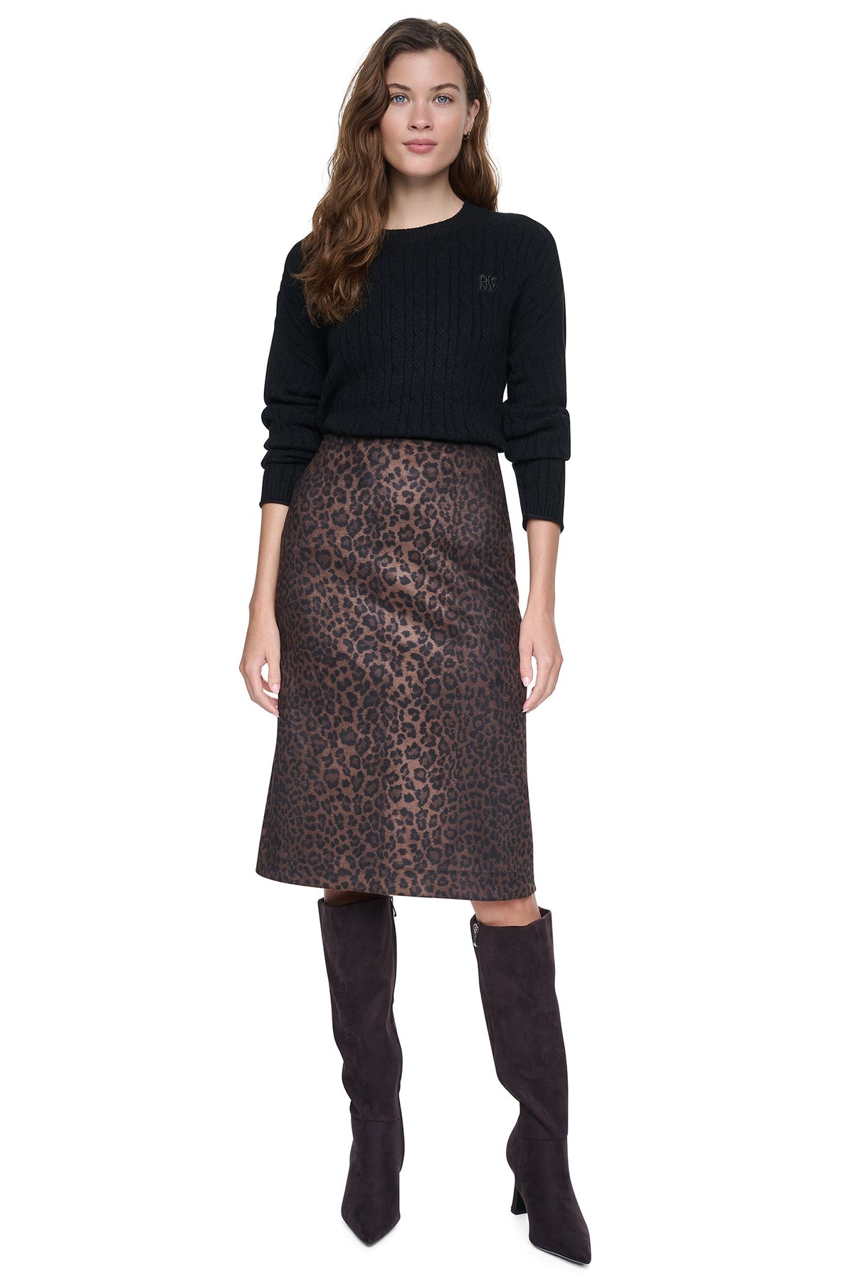 LEOPARD FAUX SUEDE MIDI SKIRT Panthera Chestnut | DKNY