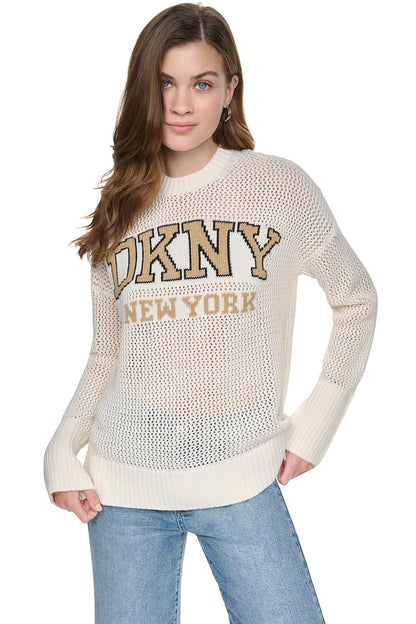 OPEN STITCH VARSITY LOGO SWEATER Eggnog/Travertine/Black | DKNY