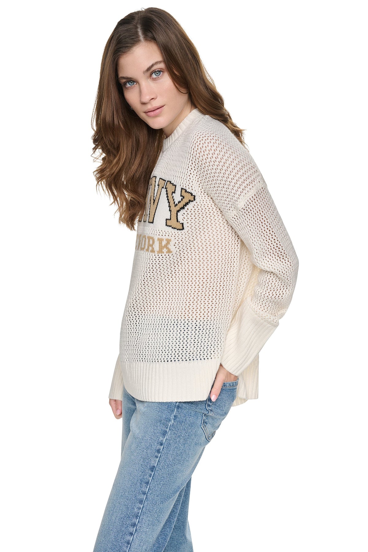 OPEN STITCH VARSITY LOGO SWEATER Eggnog/Travertine/Black | DKNY