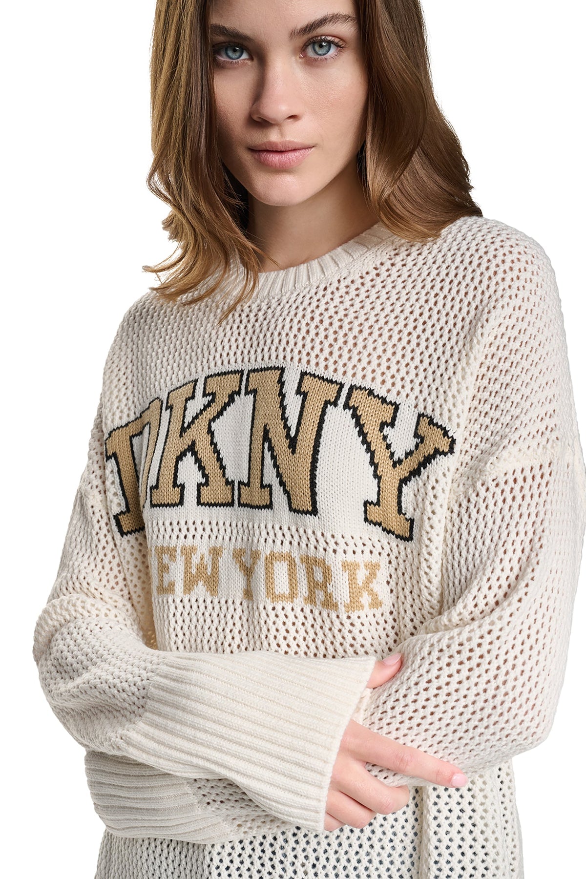 OPEN STITCH VARSITY LOGO SWEATER Eggnog/Travertine/Black | DKNY