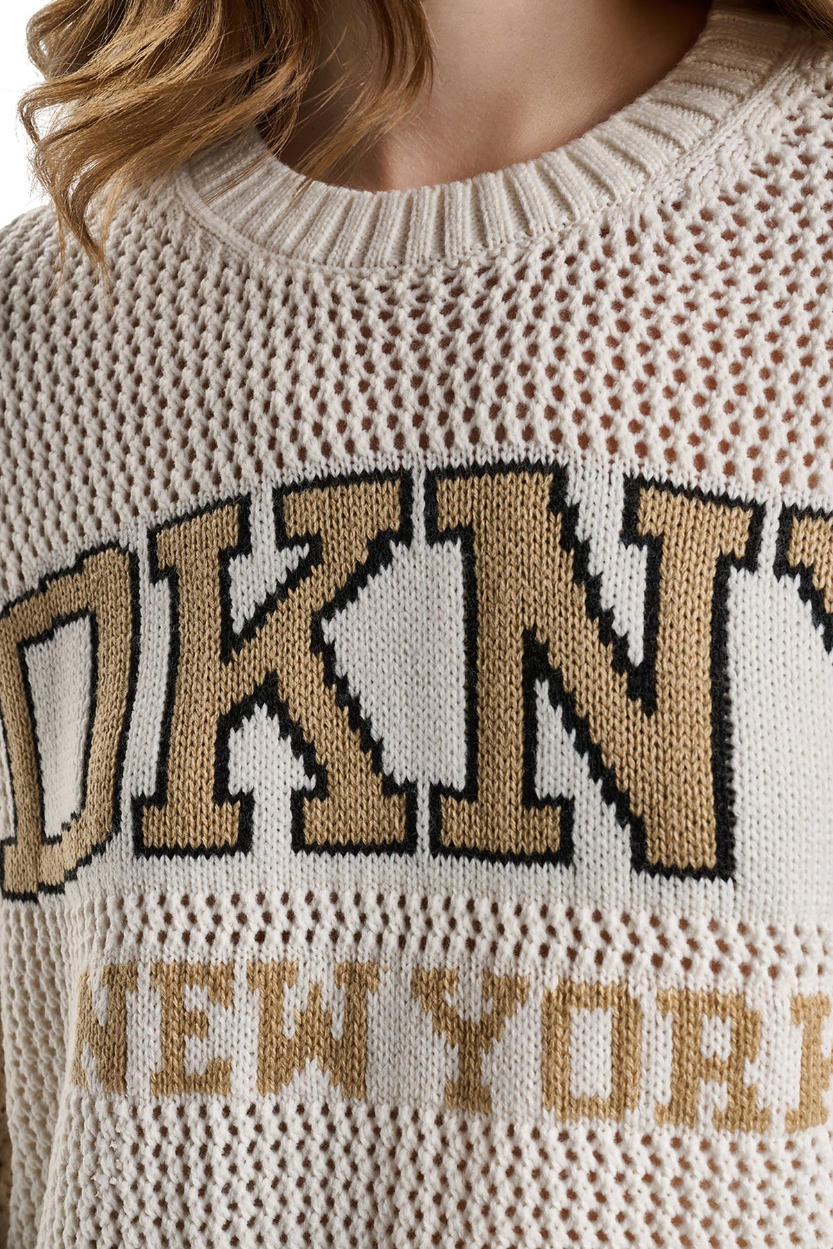 OPEN STITCH VARSITY LOGO SWEATER Eggnog/Travertine/Black | DKNY