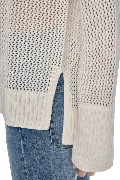 OPEN STITCH VARSITY LOGO SWEATER Eggnog/Travertine/Black | DKNY