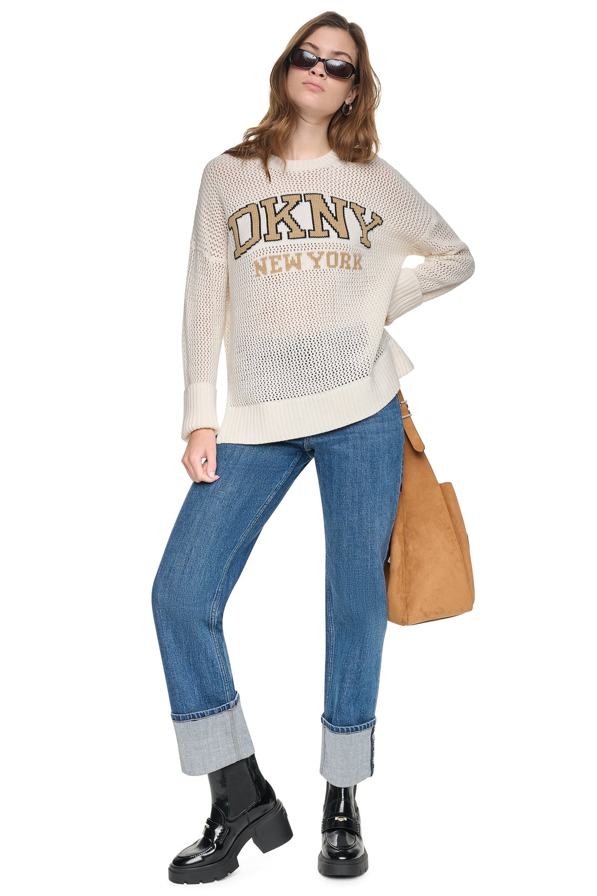 OPEN STITCH VARSITY LOGO SWEATER Eggnog/Travertine/Black | DKNY