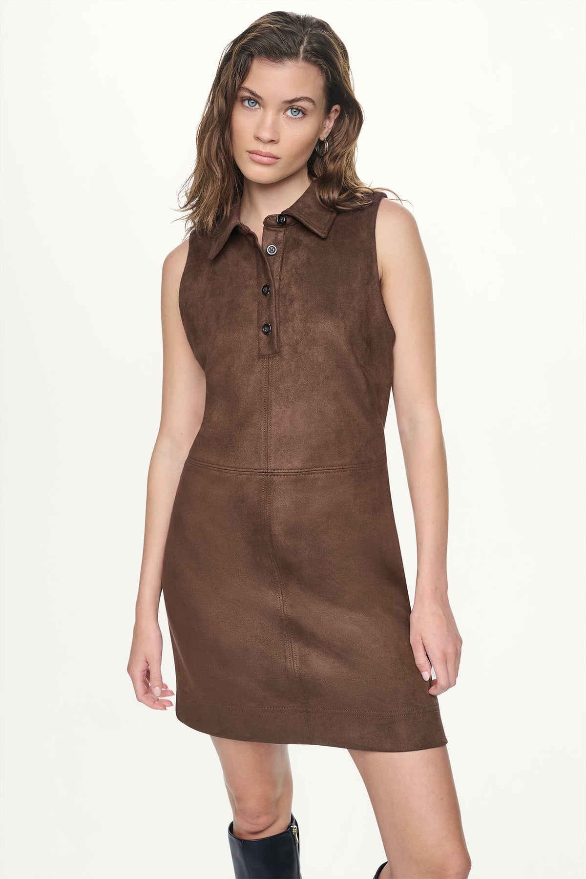 COLLARED FAUX SUEDE DRESS Chestnut | DKNY