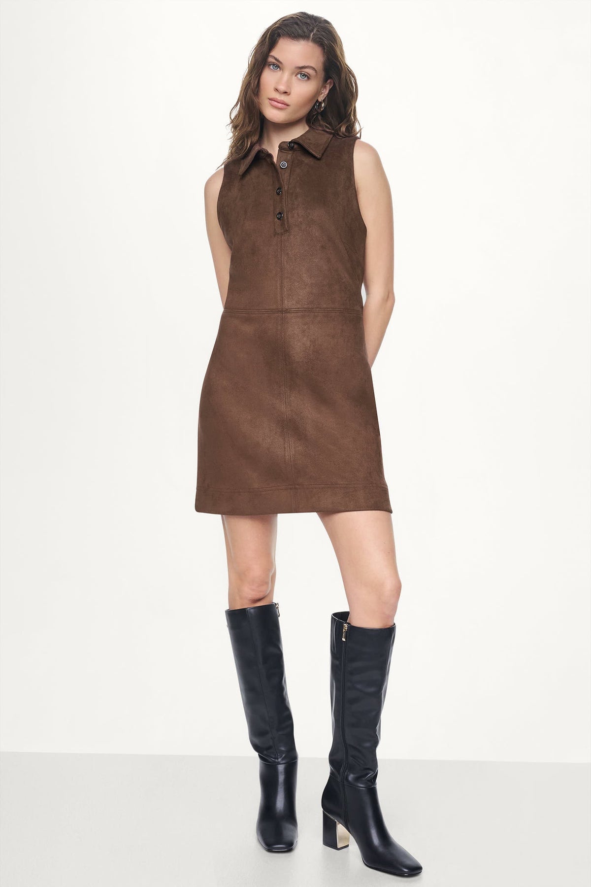COLLARED FAUX SUEDE DRESS Chestnut | DKNY