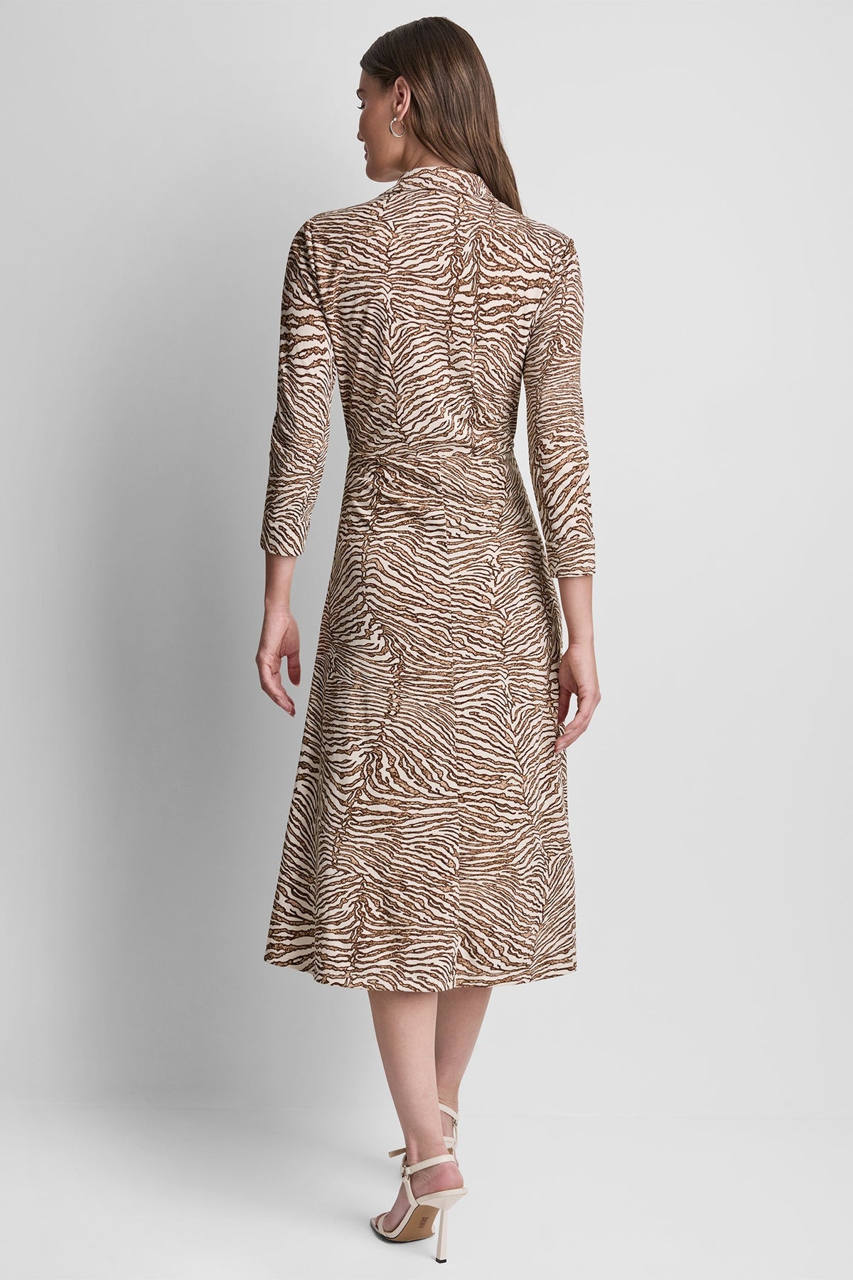 3/4 SLEEVE ZEBRA PRINT TIE-FRONT MIDI SHIRT DRESS Alabaster/Truffle Multi | DKNY