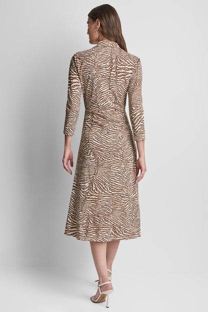 3/4 SLEEVE ZEBRA PRINT TIE-FRONT MIDI SHIRT DRESS Alabaster/Truffle Multi | DKNY