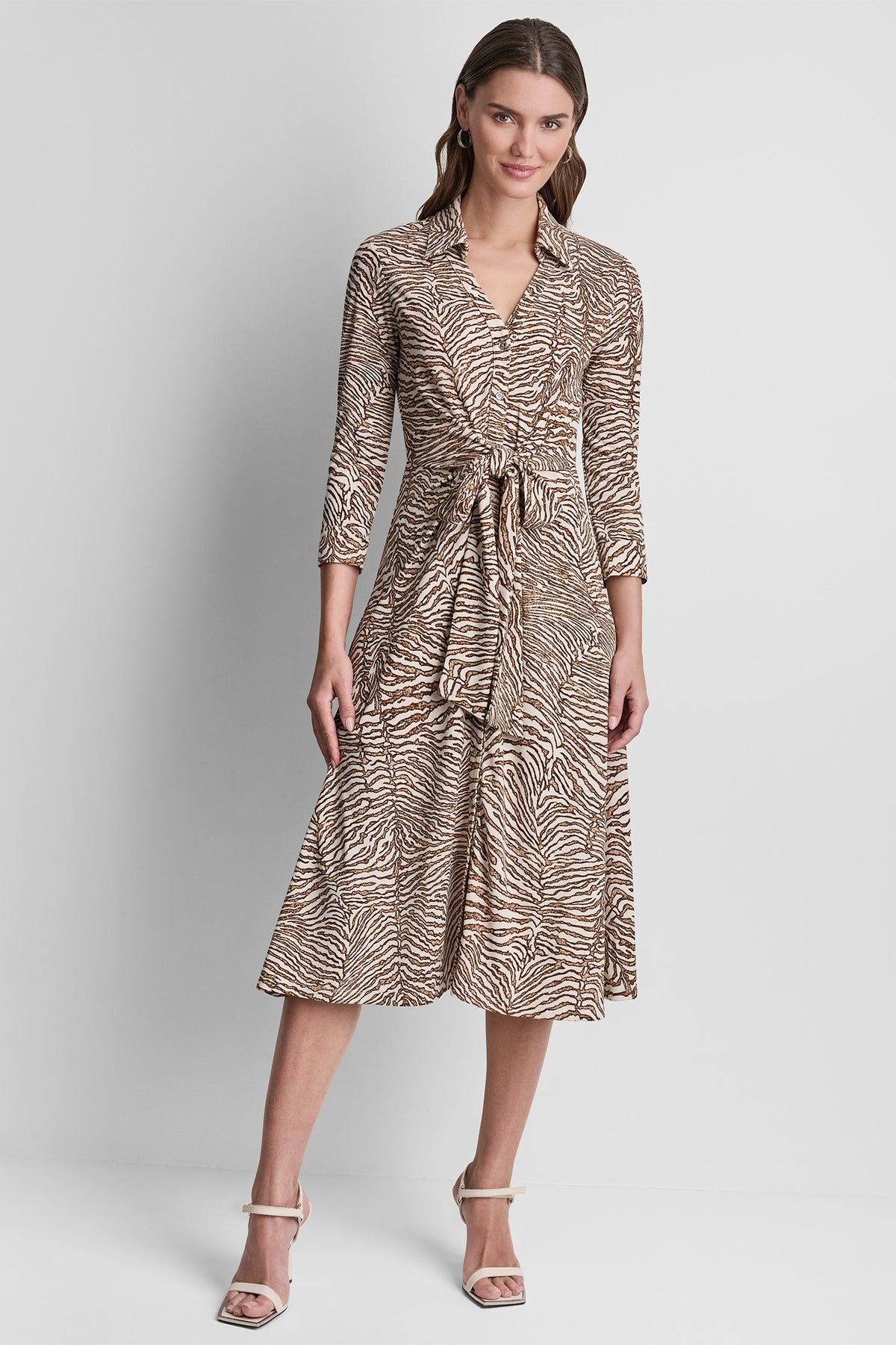 3/4 SLEEVE ZEBRA PRINT TIE-FRONT MIDI SHIRT DRESS Alabaster/Truffle Multi | DKNY