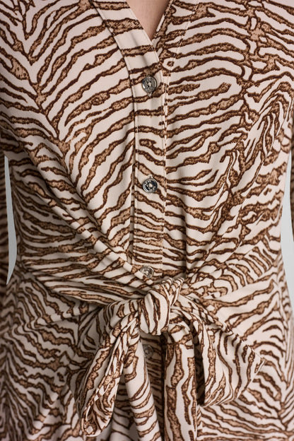 3/4 SLEEVE ZEBRA PRINT TIE-FRONT MIDI SHIRT DRESS Alabaster/Truffle Multi | DKNY