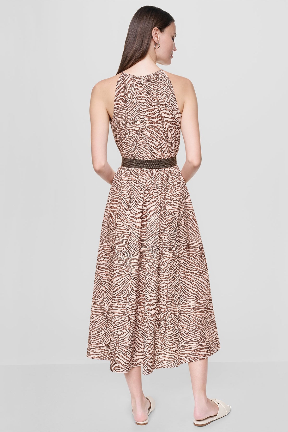 SLEEVELESS DROP-WAIST FIT & FLARE MIDI DRESS Alabaster/Truffle Multi | DKNY