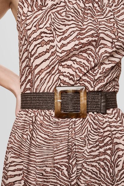 SLEEVELESS DROP-WAIST FIT & FLARE MIDI DRESS Alabaster/Truffle Multi | DKNY