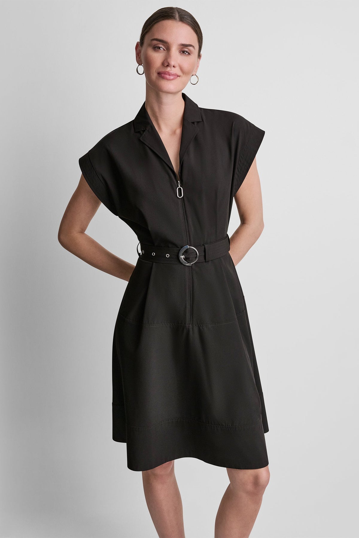 CAP SLEEVE ZIP-FRONT SHIRT DRESS Black | DKNY