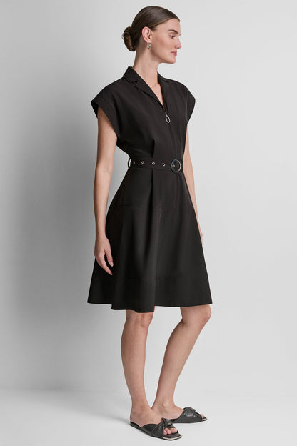 CAP SLEEVE ZIP-FRONT SHIRT DRESS Black | DKNY