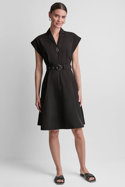 CAP SLEEVE ZIP-FRONT SHIRT DRESS Black | DKNY