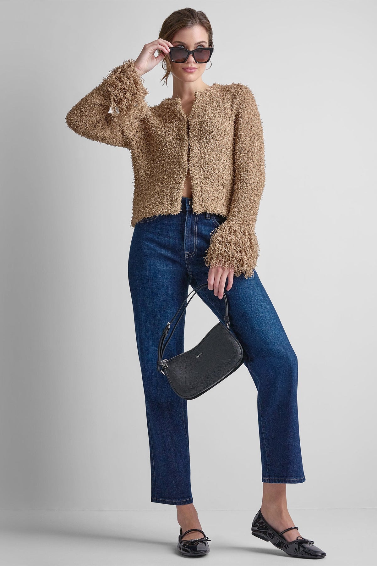 LONG SLEEVE FRINGE CARDIGAN Travertine | DKNY