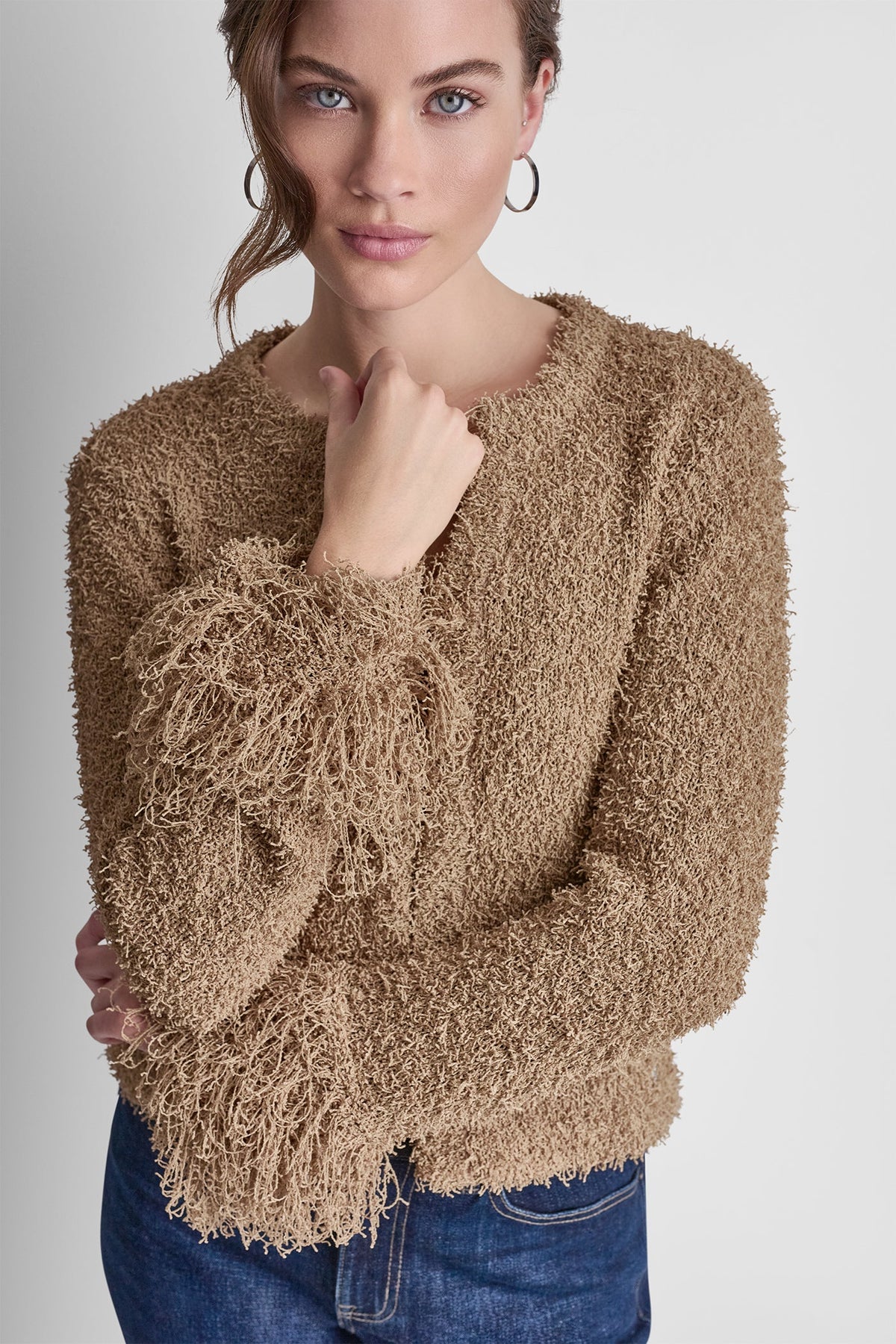 LONG SLEEVE FRINGE CARDIGAN Travertine | DKNY