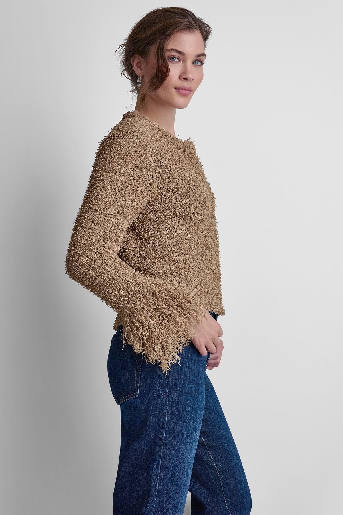 LONG SLEEVE FRINGE CARDIGAN Travertine | DKNY