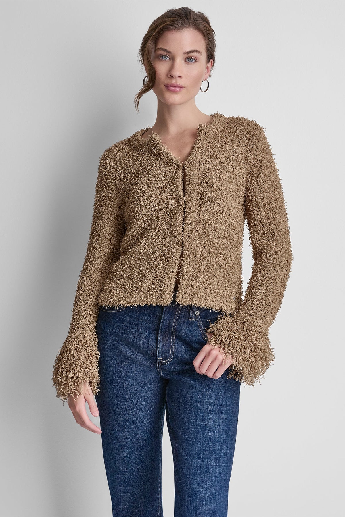 LONG SLEEVE FRINGE CARDIGAN Travertine | DKNY