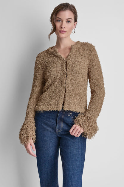 LONG SLEEVE FRINGE CARDIGAN Travertine | DKNY