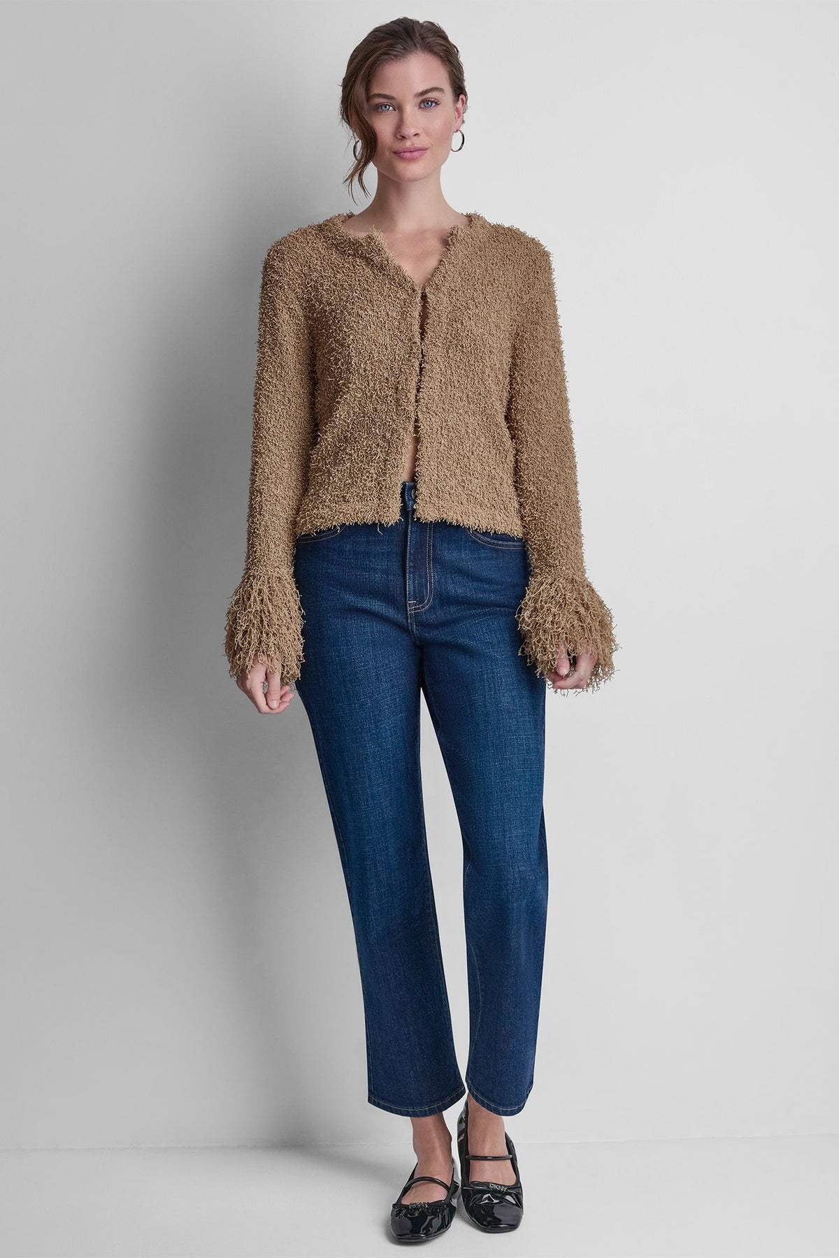 LONG SLEEVE FRINGE CARDIGAN Travertine | DKNY