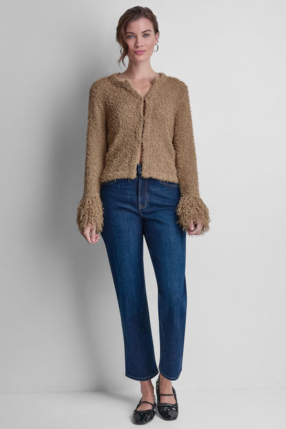 LONG SLEEVE FRINGE CARDIGAN Travertine | DKNY