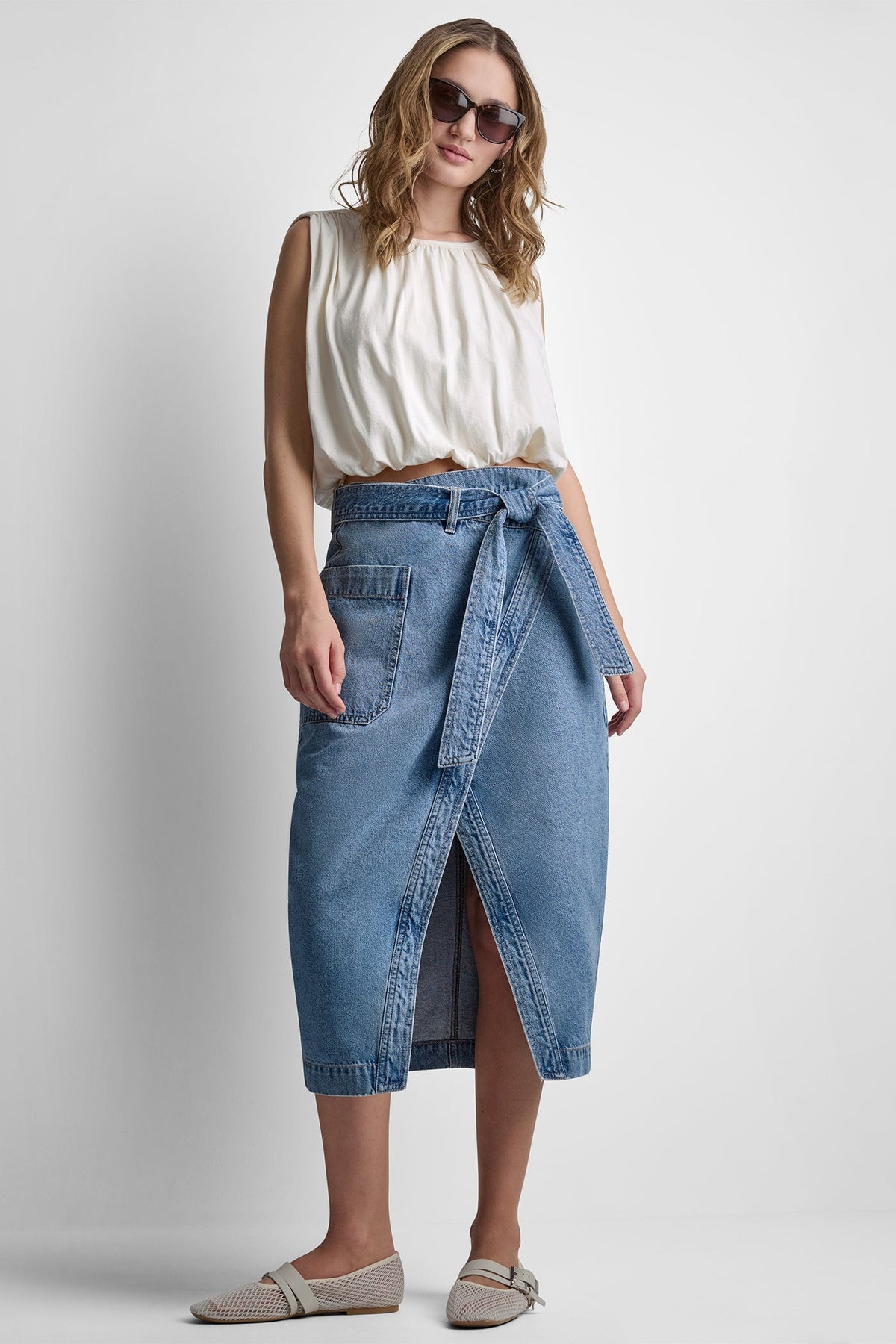 HIGH-RISE DENIM WRAP SKIRT Crown Street | DKNY