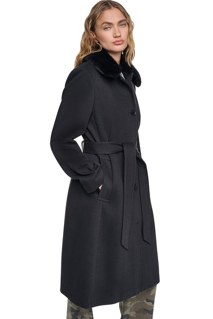TWILL COAT WITH FUR COLLAR Black | DKNY