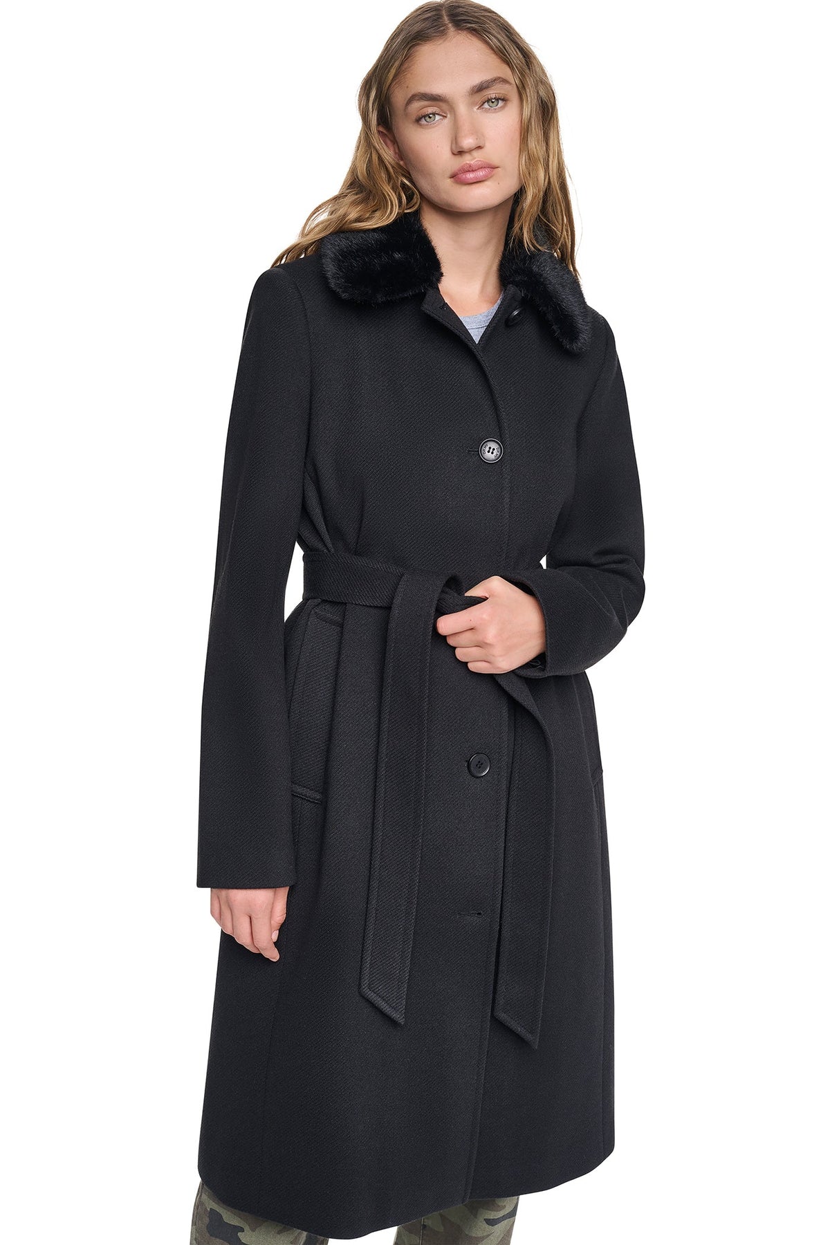 TWILL COAT WITH FUR COLLAR Black | DKNY