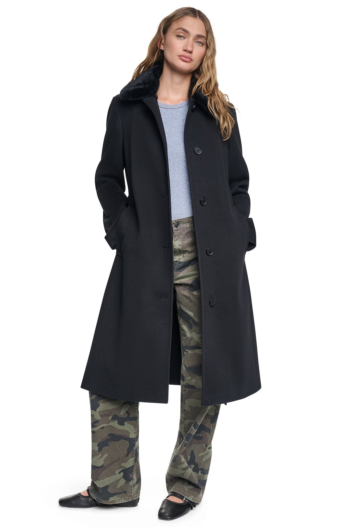 TWILL COAT WITH FUR COLLAR Black | DKNY