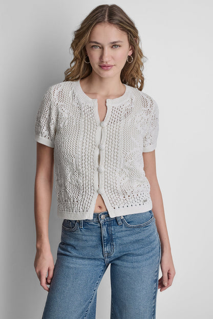 LACE STITCH BUTTON FRONT CARDIGAN Beet | DKNY