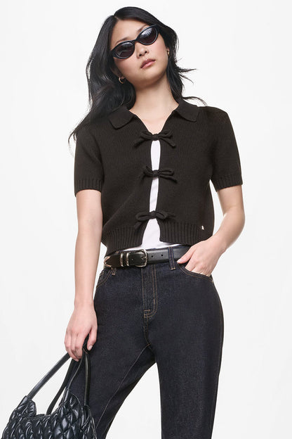 SHORT SLEEVE TIE FRONT POLO SWEATER Eggnog | DKNY