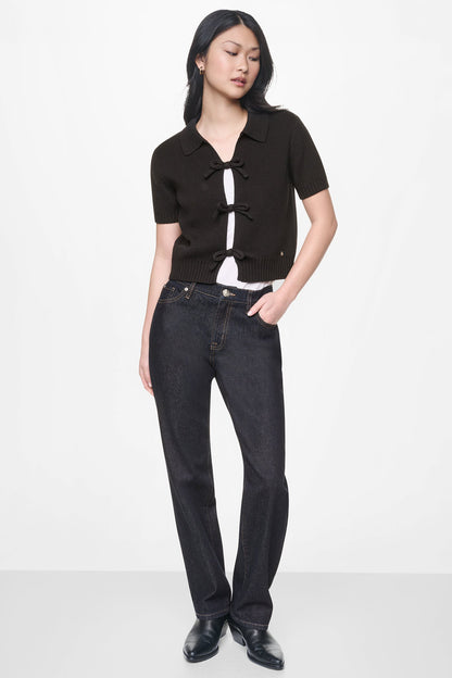 SHORT SLEEVE TIE FRONT POLO SWEATER Eggnog | DKNY